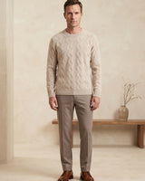 ZHILIFS | Men's Cable Crew Neck Pullover — Beige