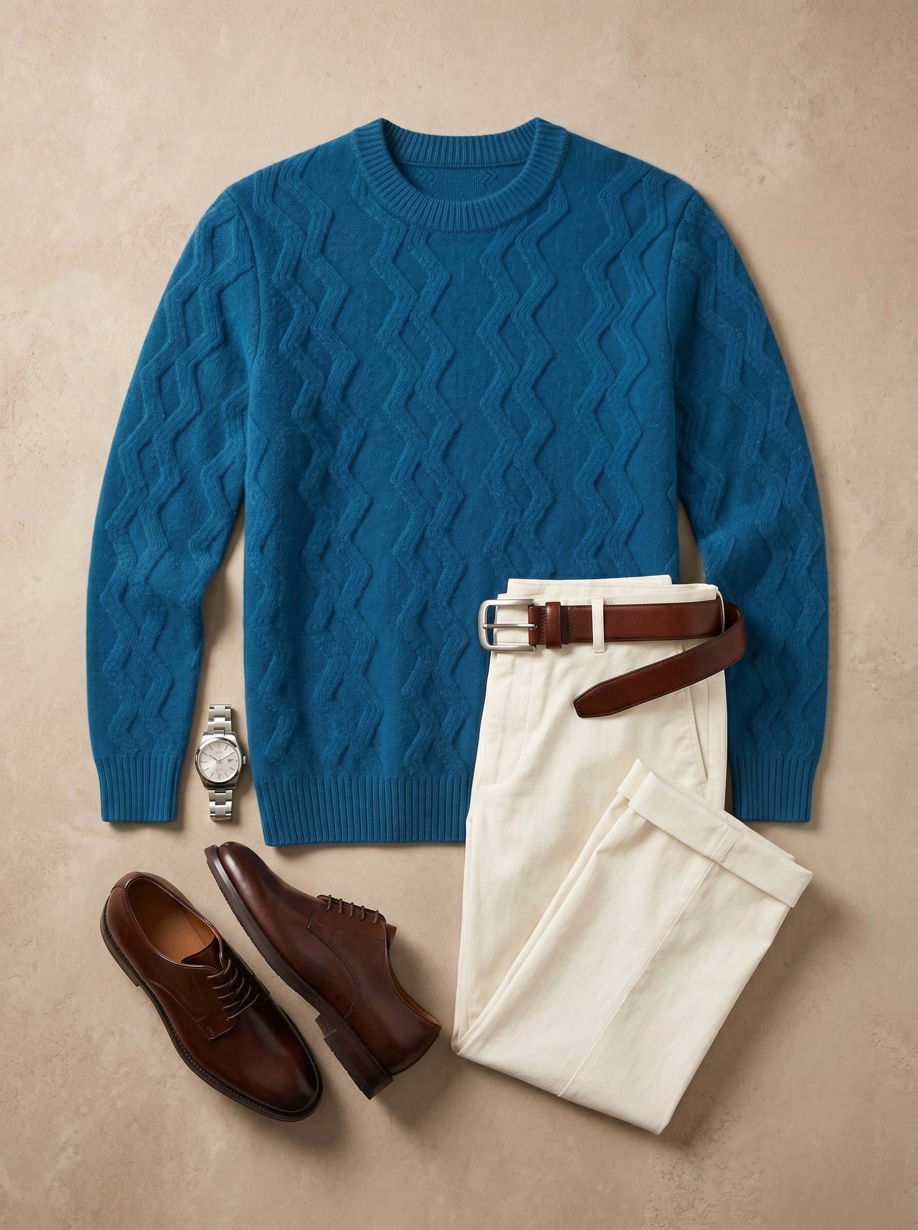 ZHILIFS | Men's Cable Crew Neck Pullover — Blue