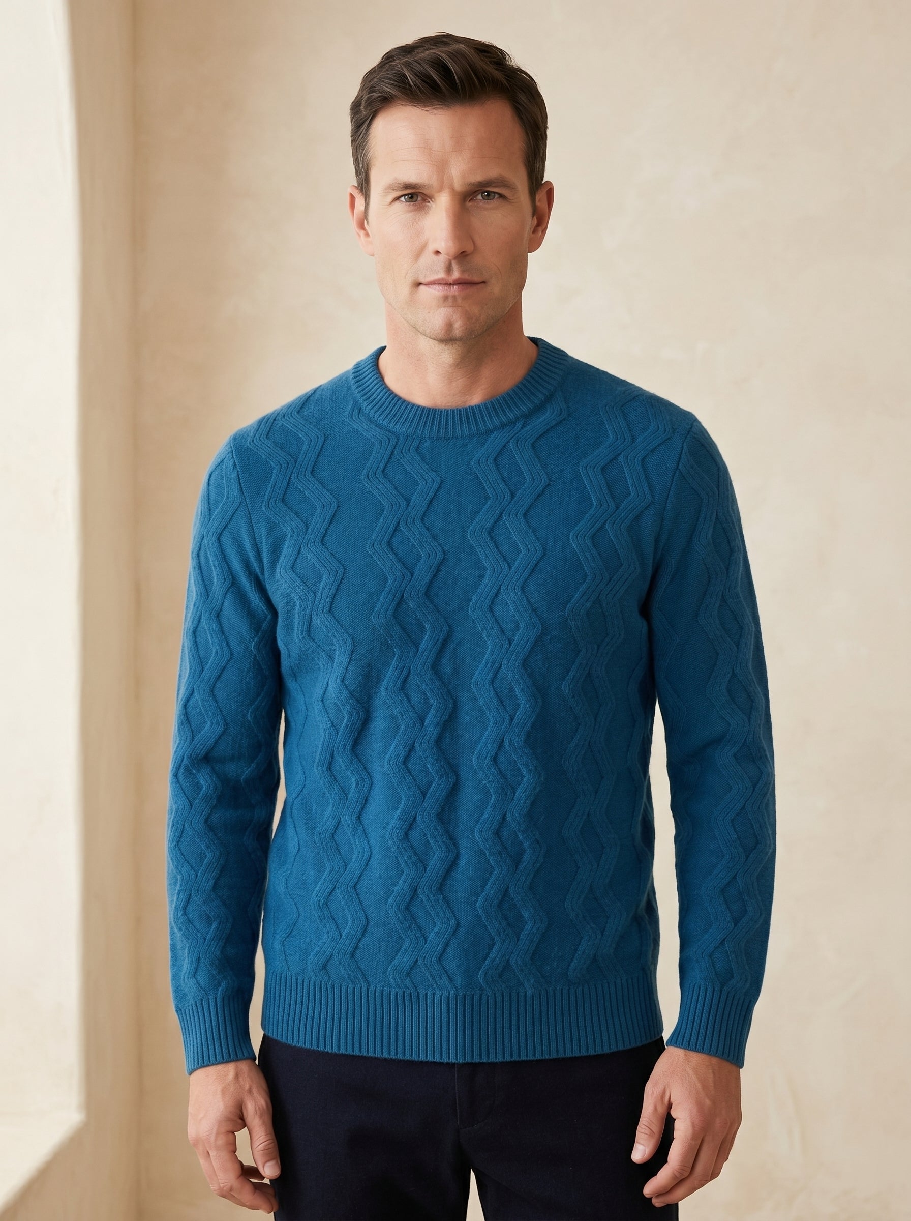 ZHILIFS | Men's Cable Crew Neck Pullover — Blue