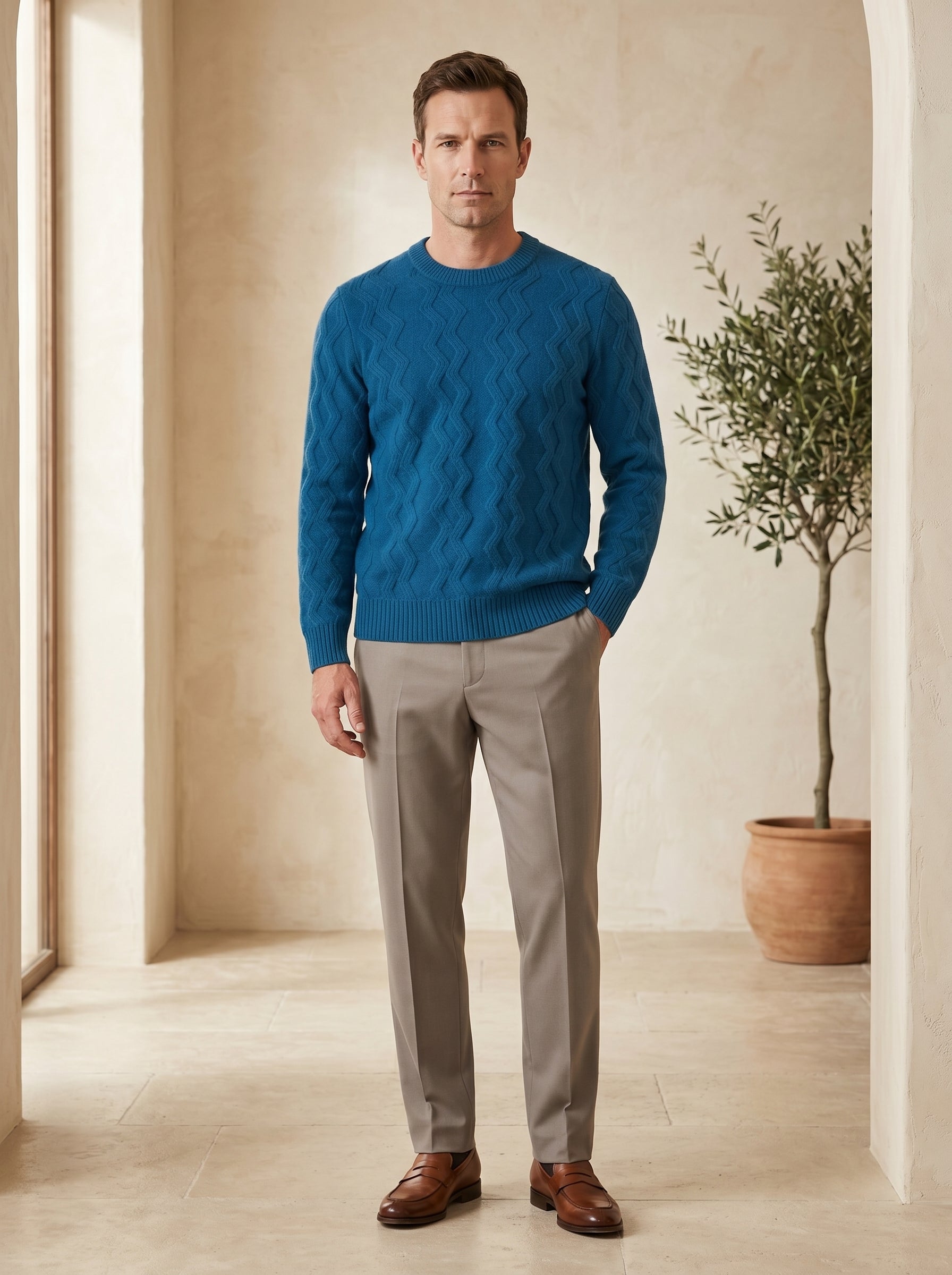 ZHILIFS | Men's Cable Crew Neck Pullover — Blue