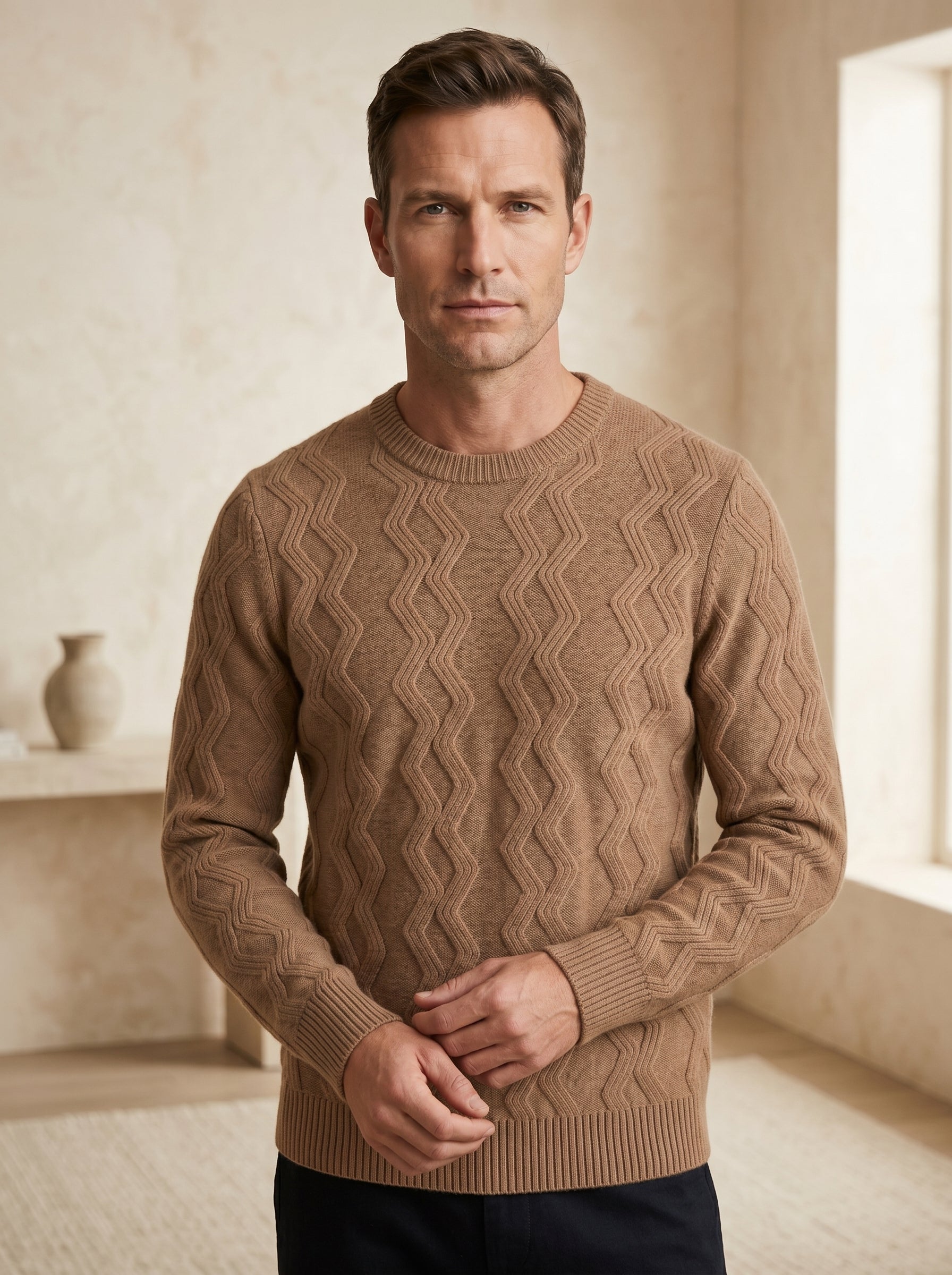 ZHILIFS | Men's Cable Crew Neck Pullover — Brown