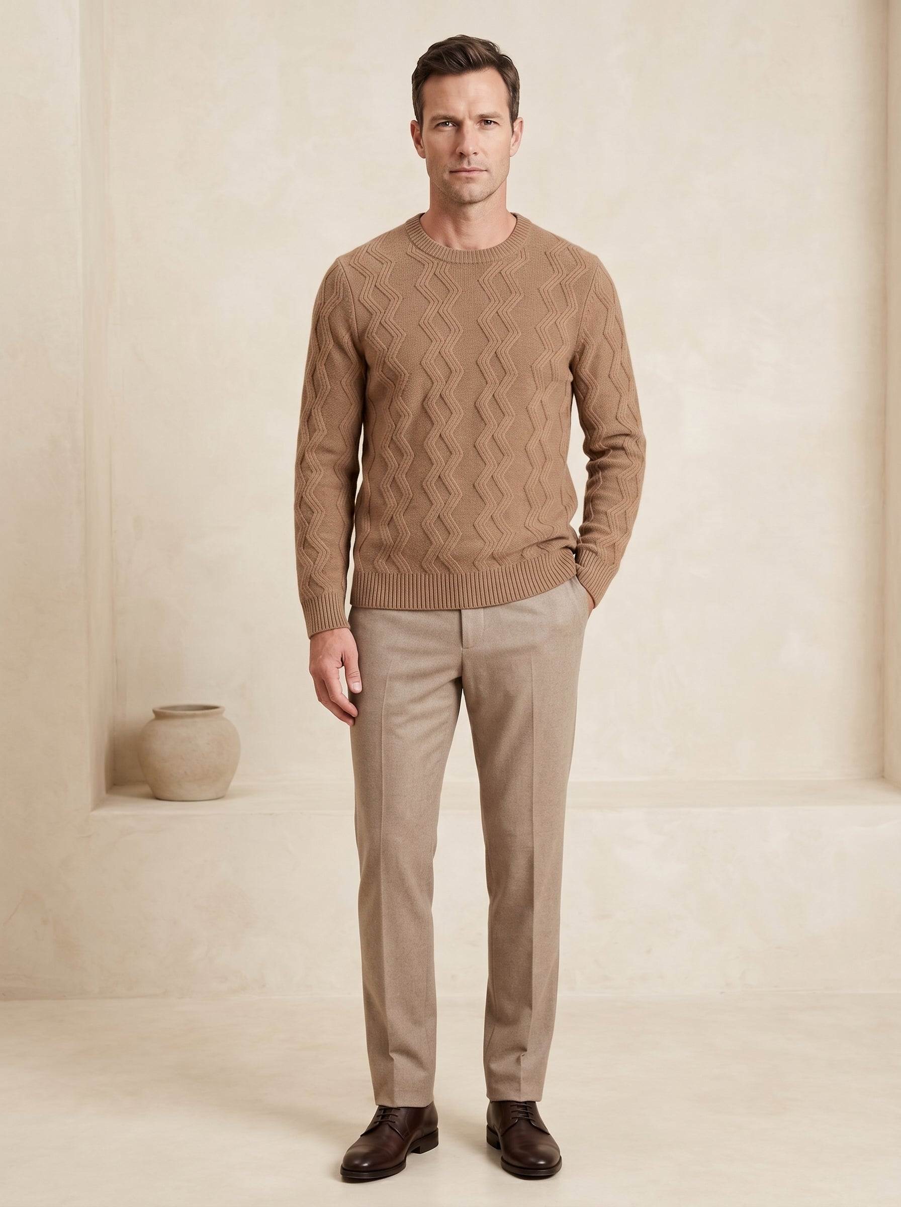 ZHILIFS | Men's Cable Crew Neck Pullover — Brown