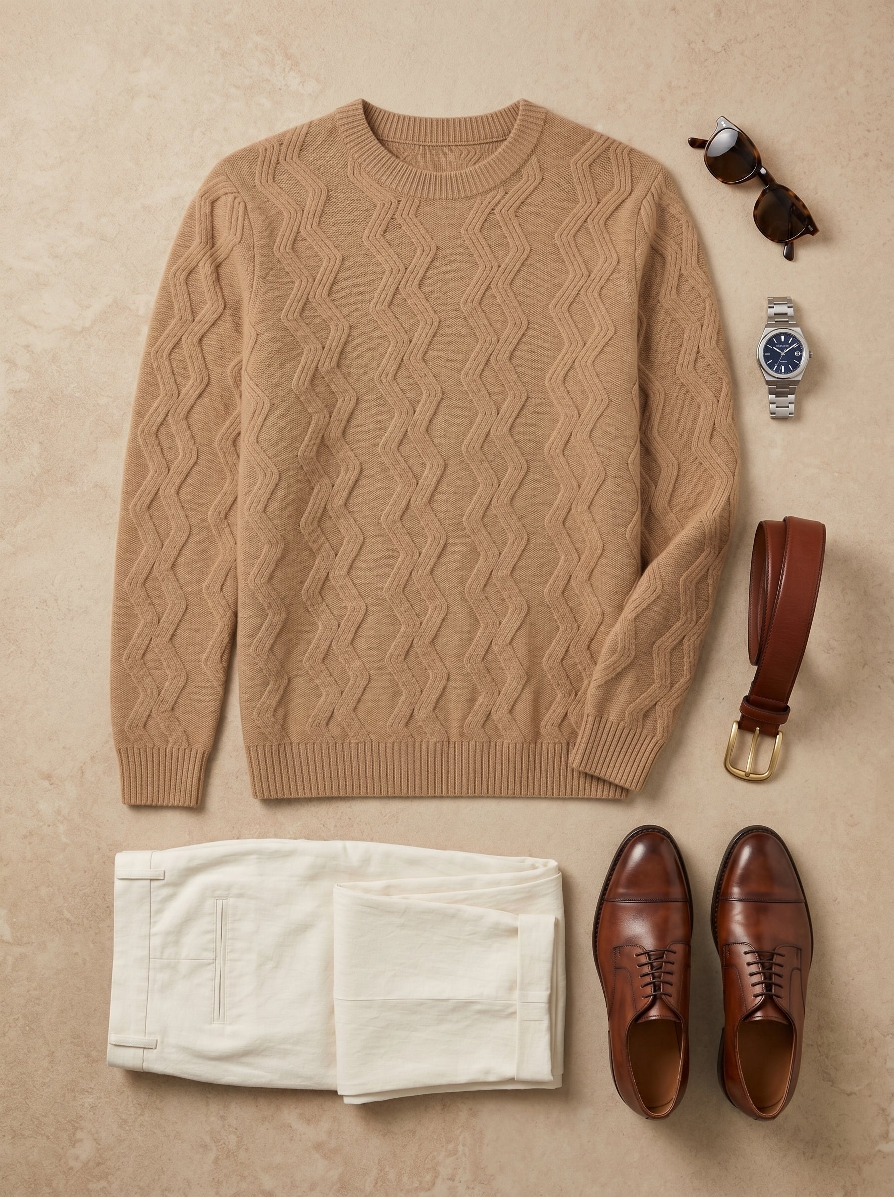 ZHILIFS | Men's Cable Crew Neck Pullover — Camel