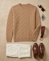 ZHILIFS | Men's Cable Crew Neck Pullover — Camel