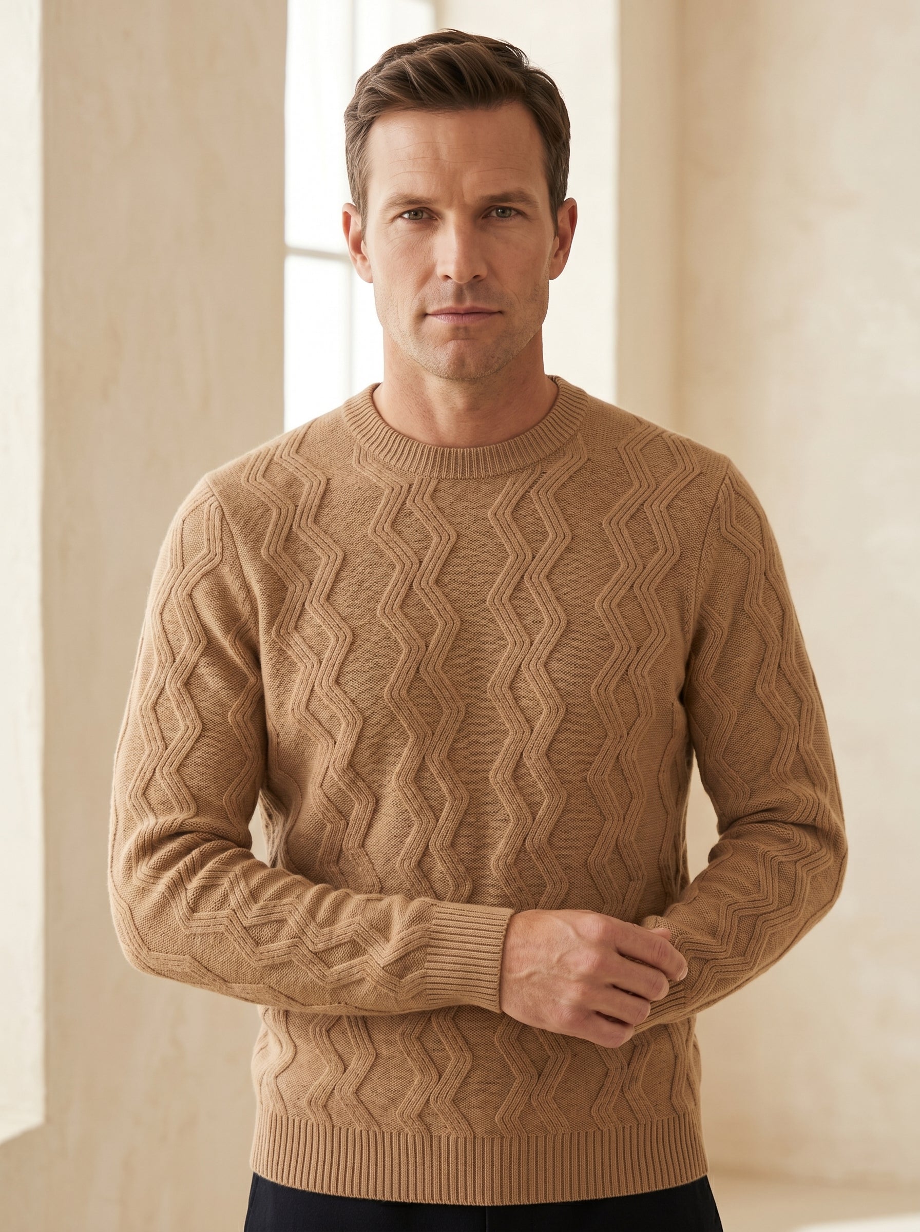 ZHILIFS | Men's Cable Crew Neck Pullover — Camel