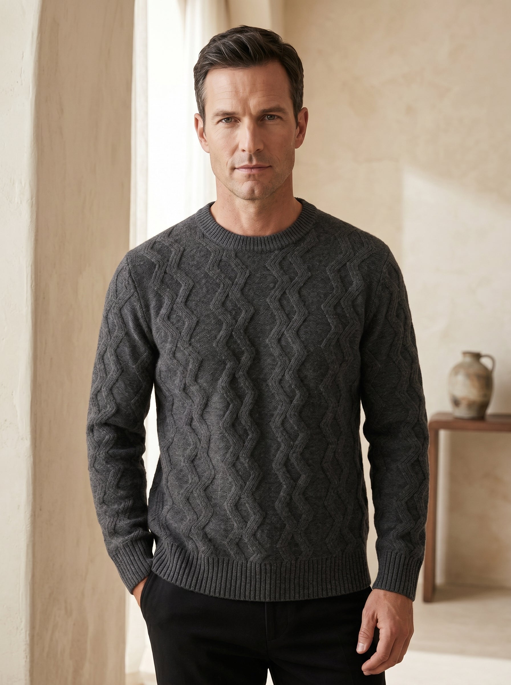 ZHILIFS | Men's Cable Crew Neck Pullover — Dark grey