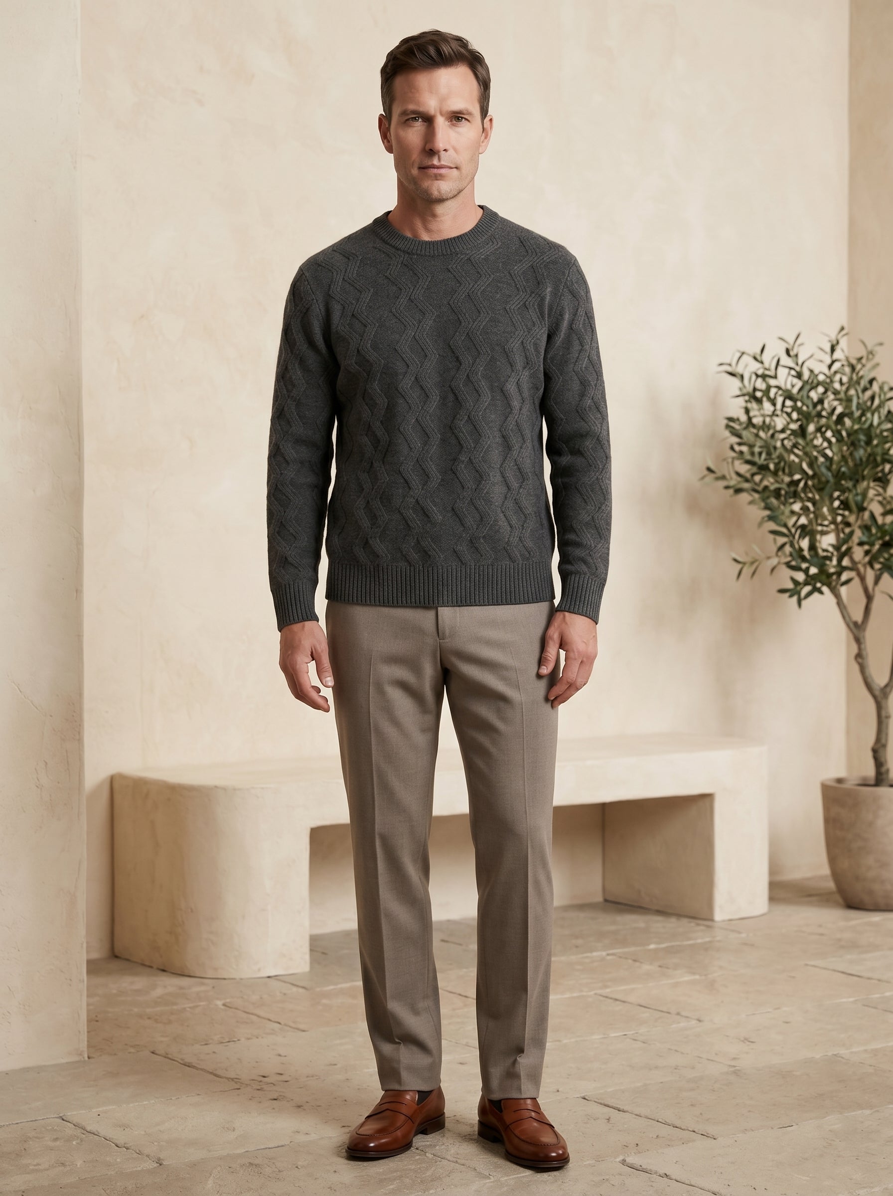 ZHILIFS | Men's Cable Crew Neck Pullover — Dark grey