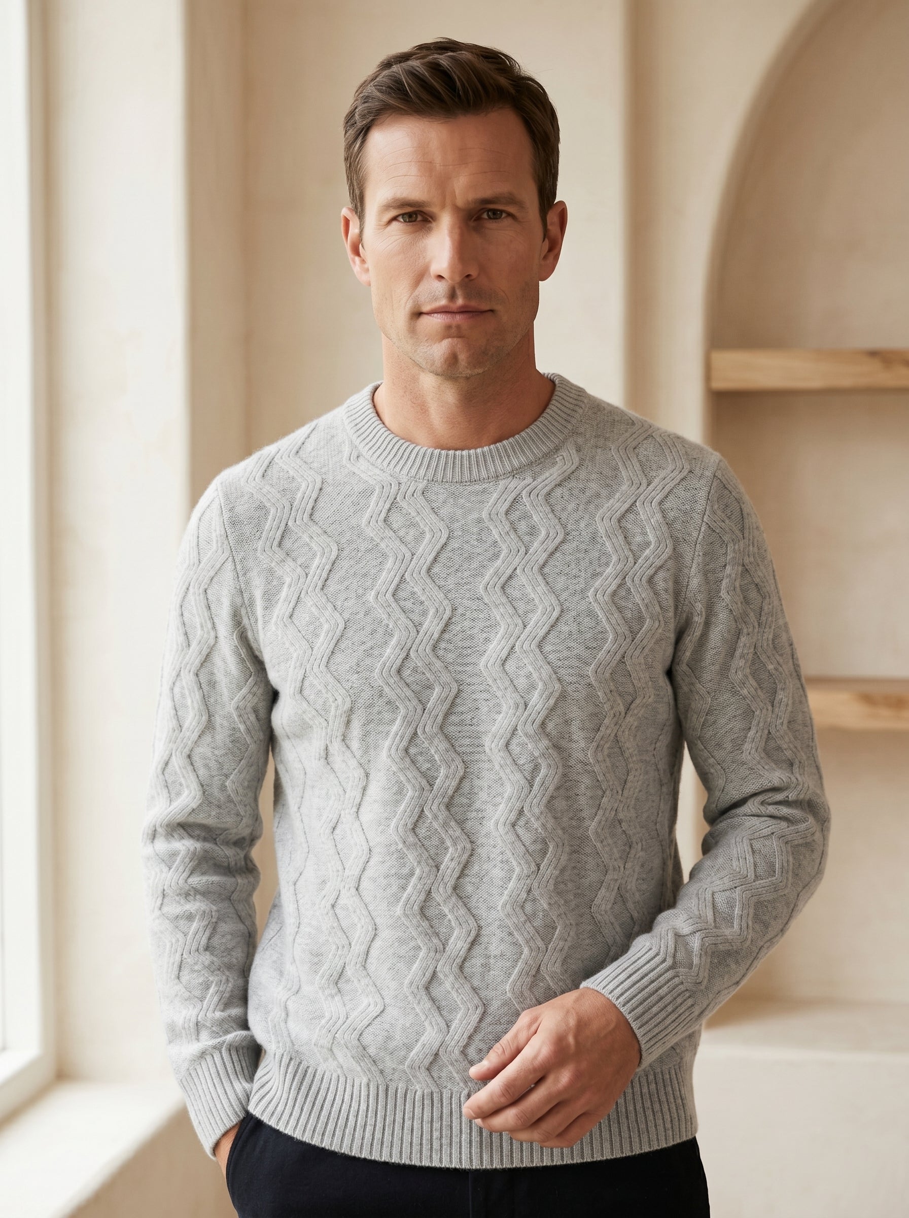 ZHILIFS | Men's Cable Crew Neck Pullover — Grey