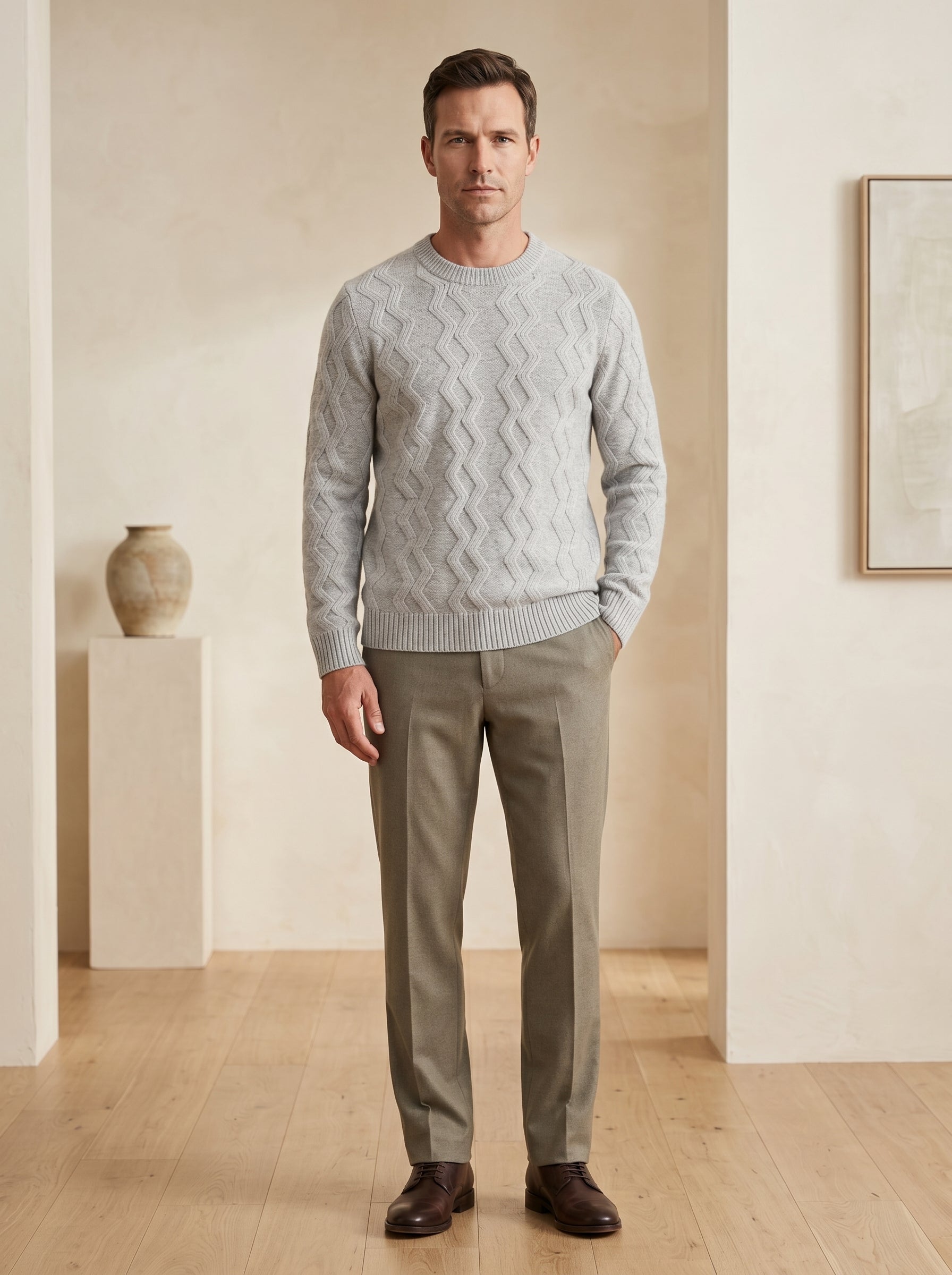 ZHILIFS | Men's Cable Crew Neck Pullover — Grey
