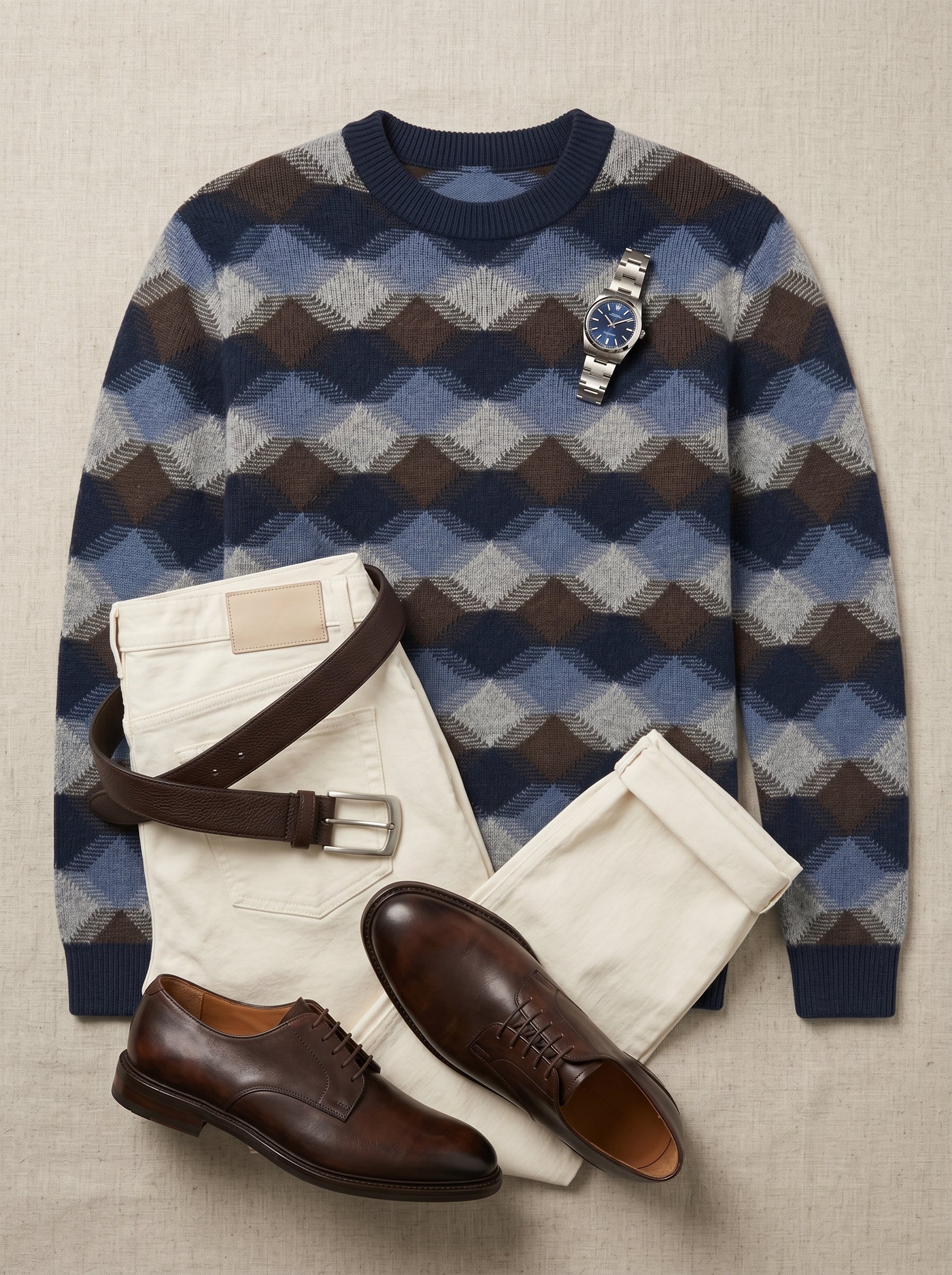ZHILIFS | Men's Patterned Crew Neck Pullover — Blue