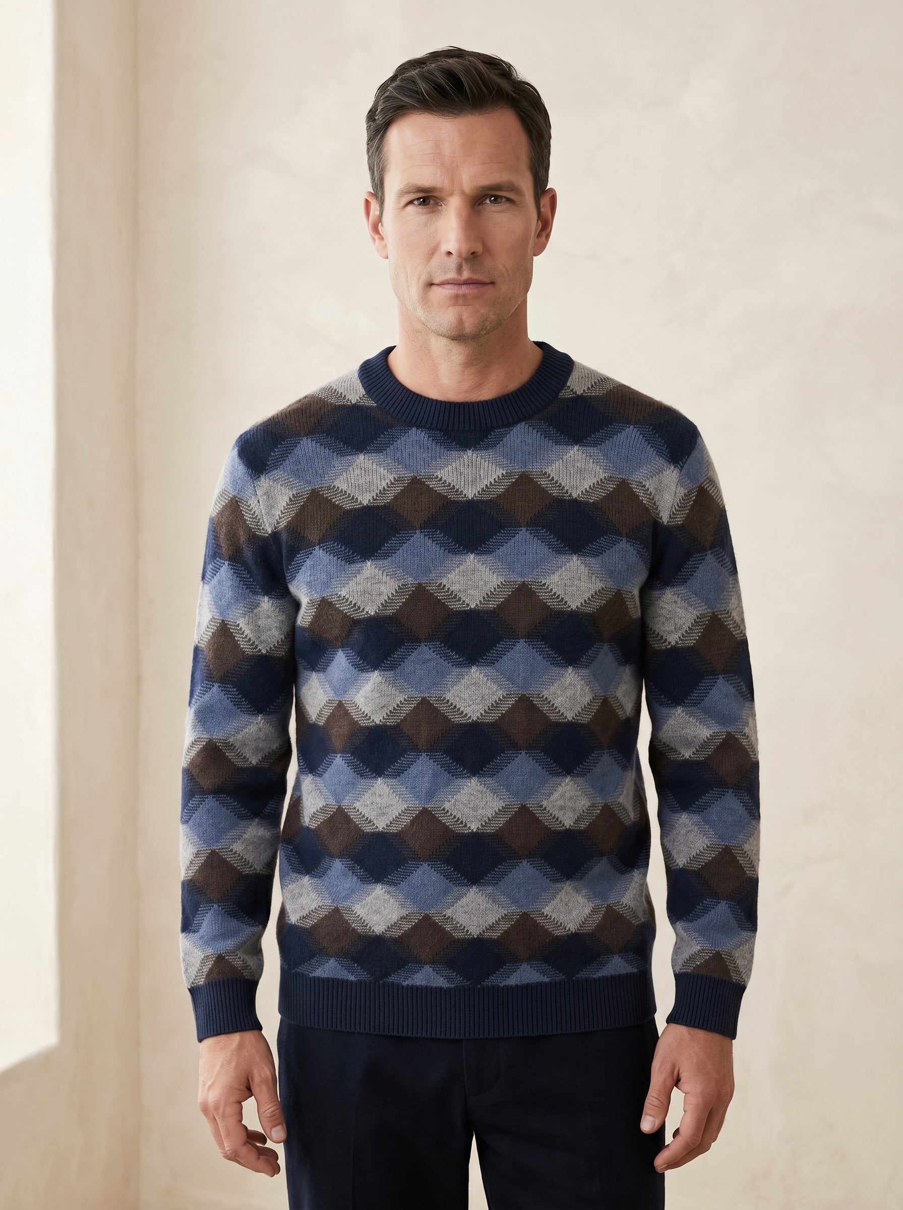 ZHILIFS | Men's Patterned Crew Neck Pullover — Blue