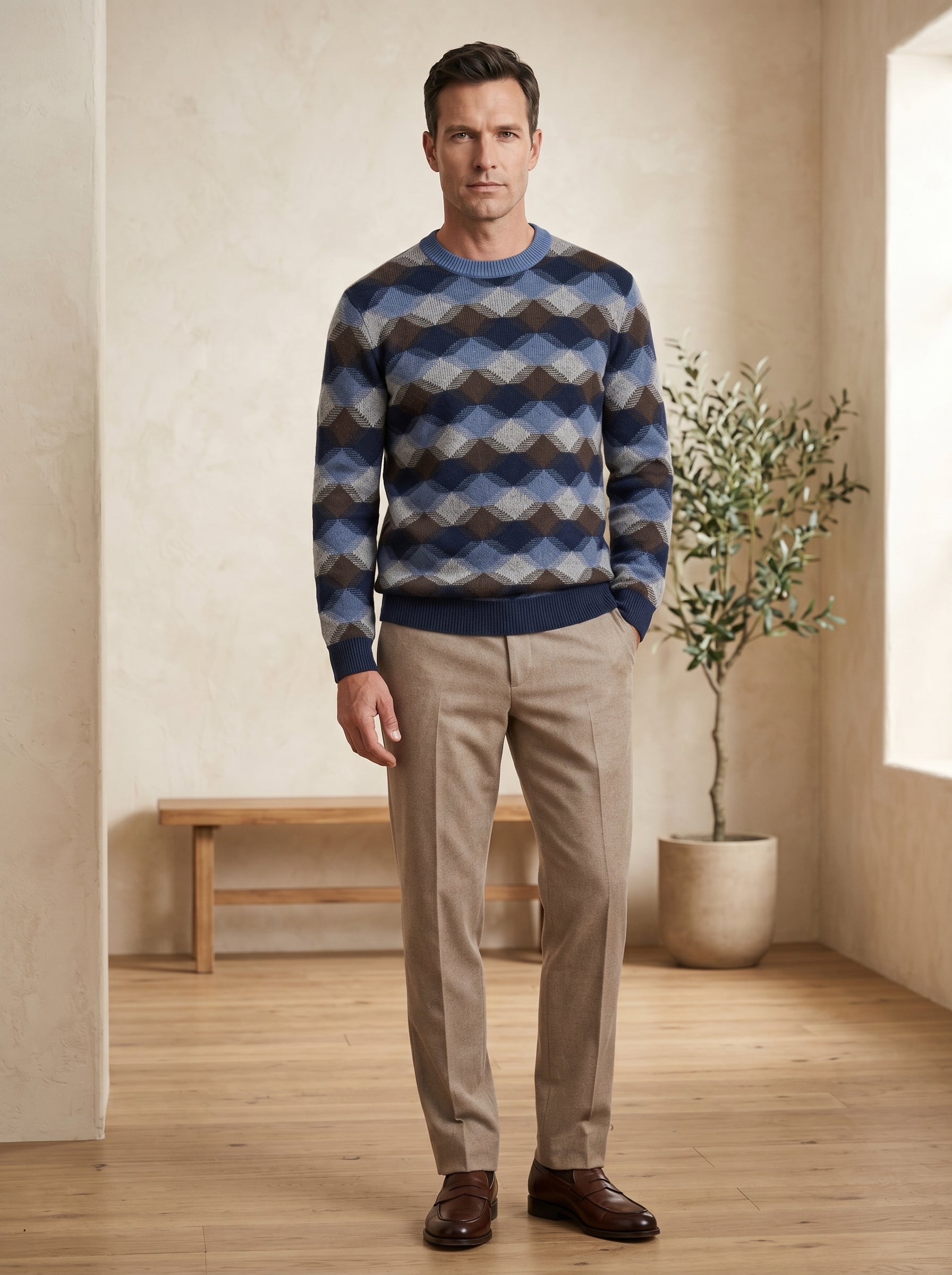 ZHILIFS | Men's Patterned Crew Neck Pullover — Blue