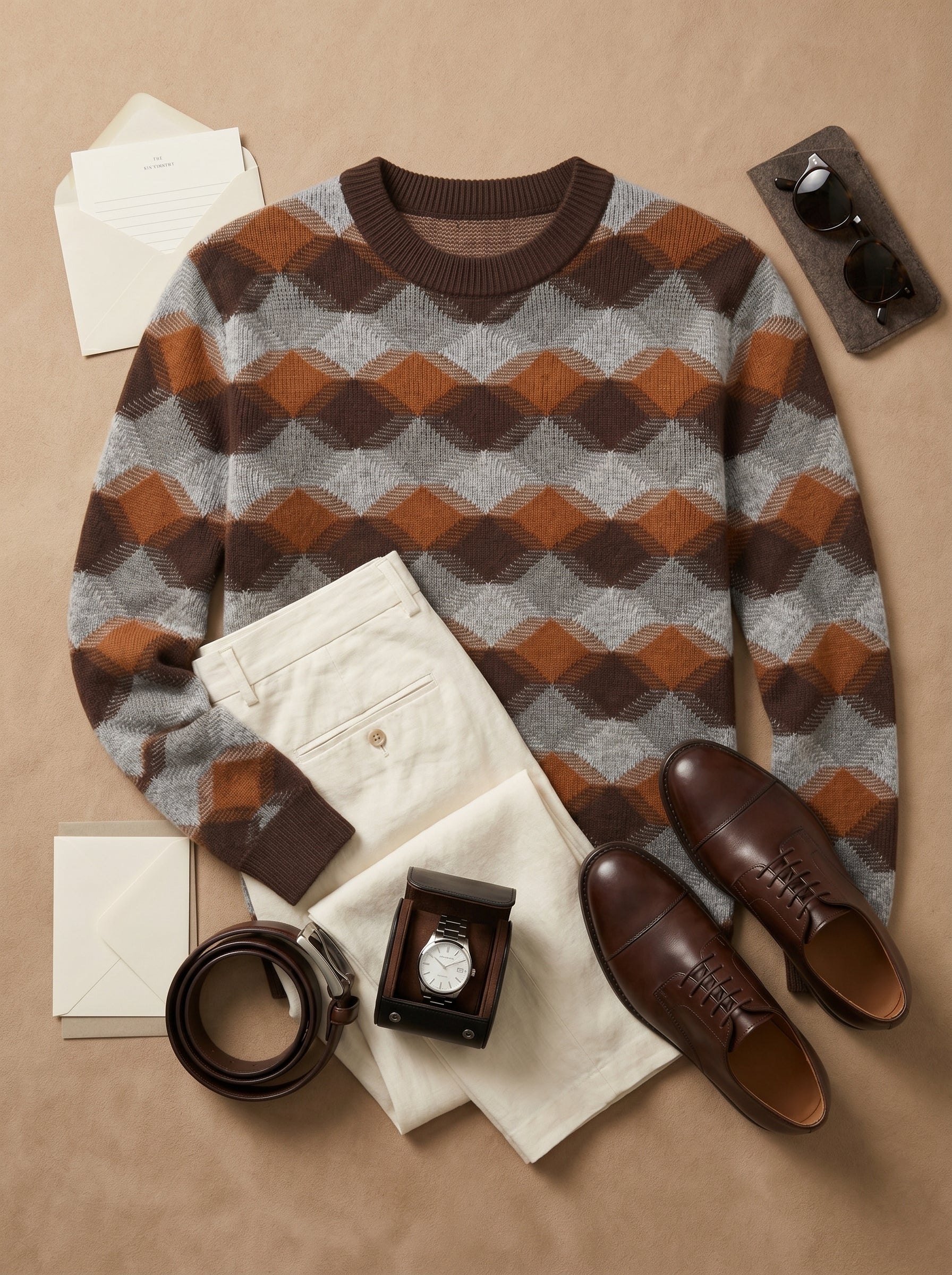 ZHILIFS | Men's Patterned Crew Neck Pullover — Brown