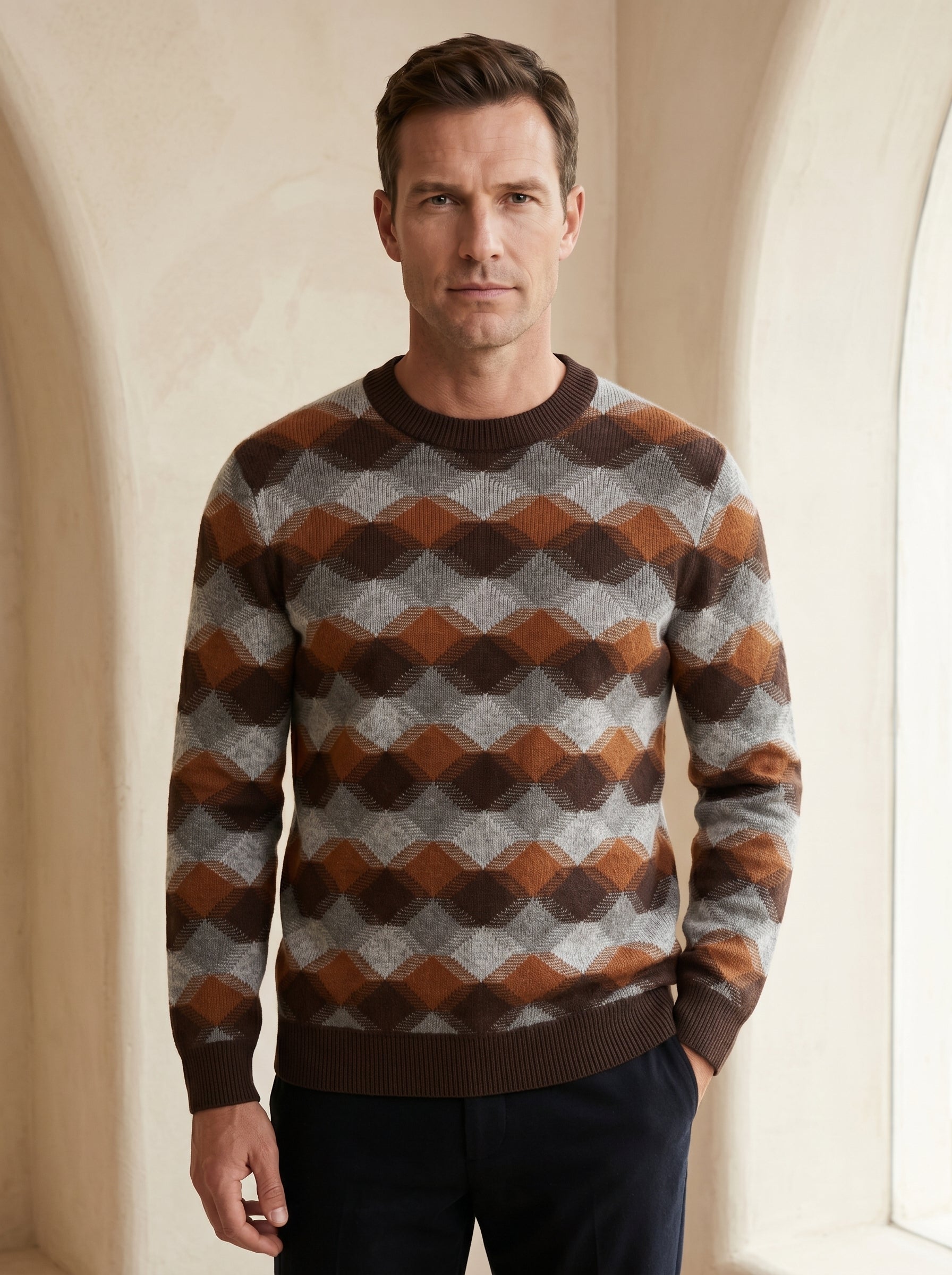 ZHILIFS | Men's Patterned Crew Neck Pullover — Brown