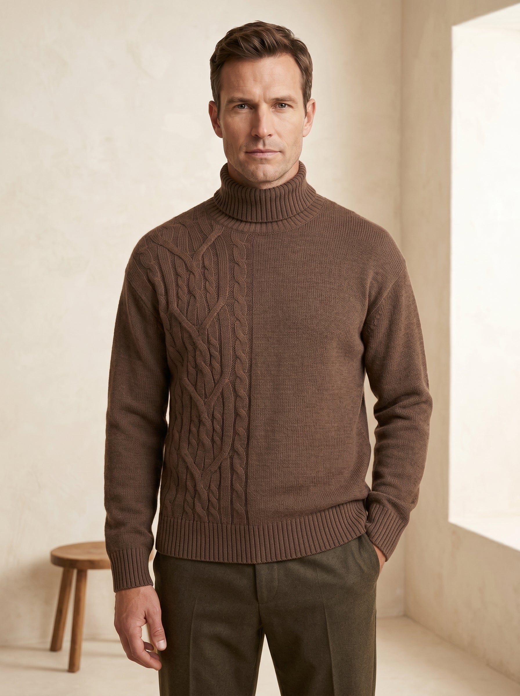 ZHILIFS | Men's Brown Mock Neck Pullover — Brown