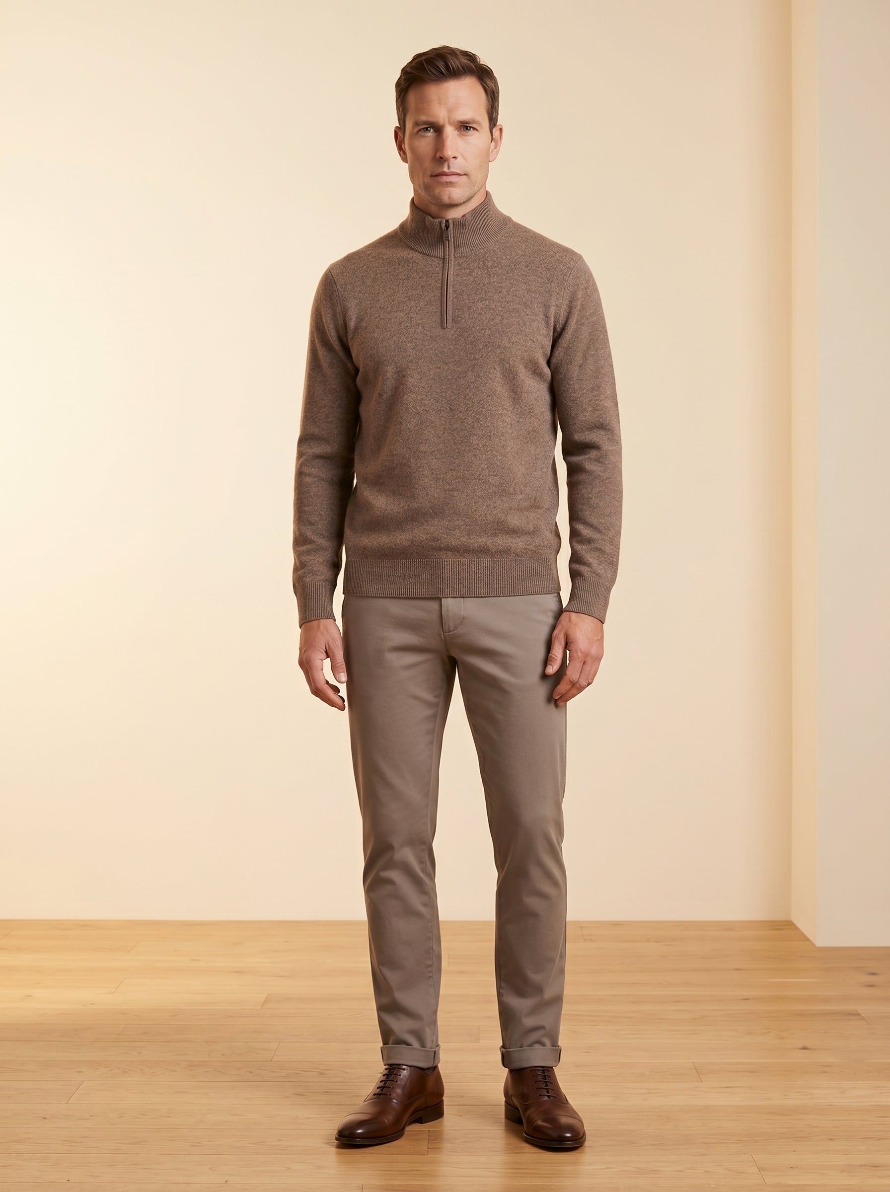 ZHILIFS | Men's Quarter Zip Mock Neck Pullover — Brown