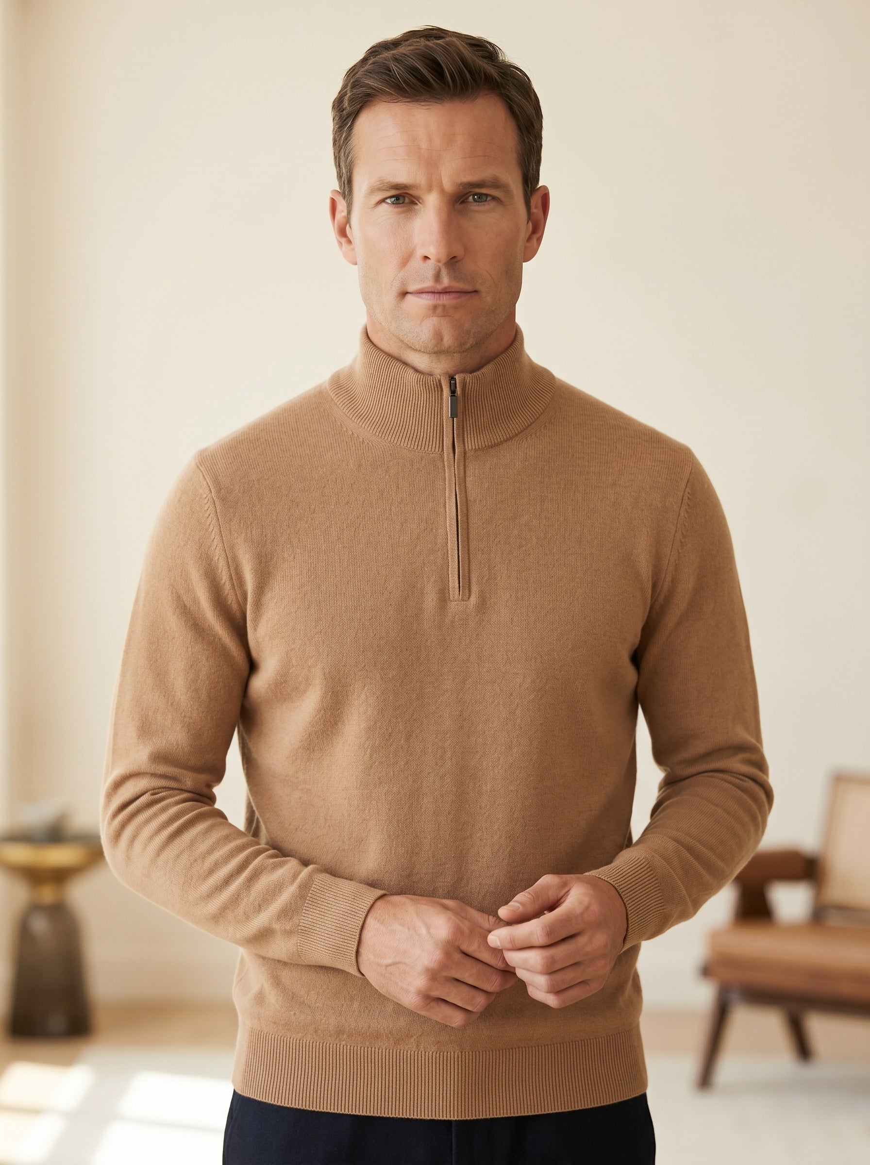 ZHILIFS | Men's Quarter Zip Mock Neck Pullover — Camel