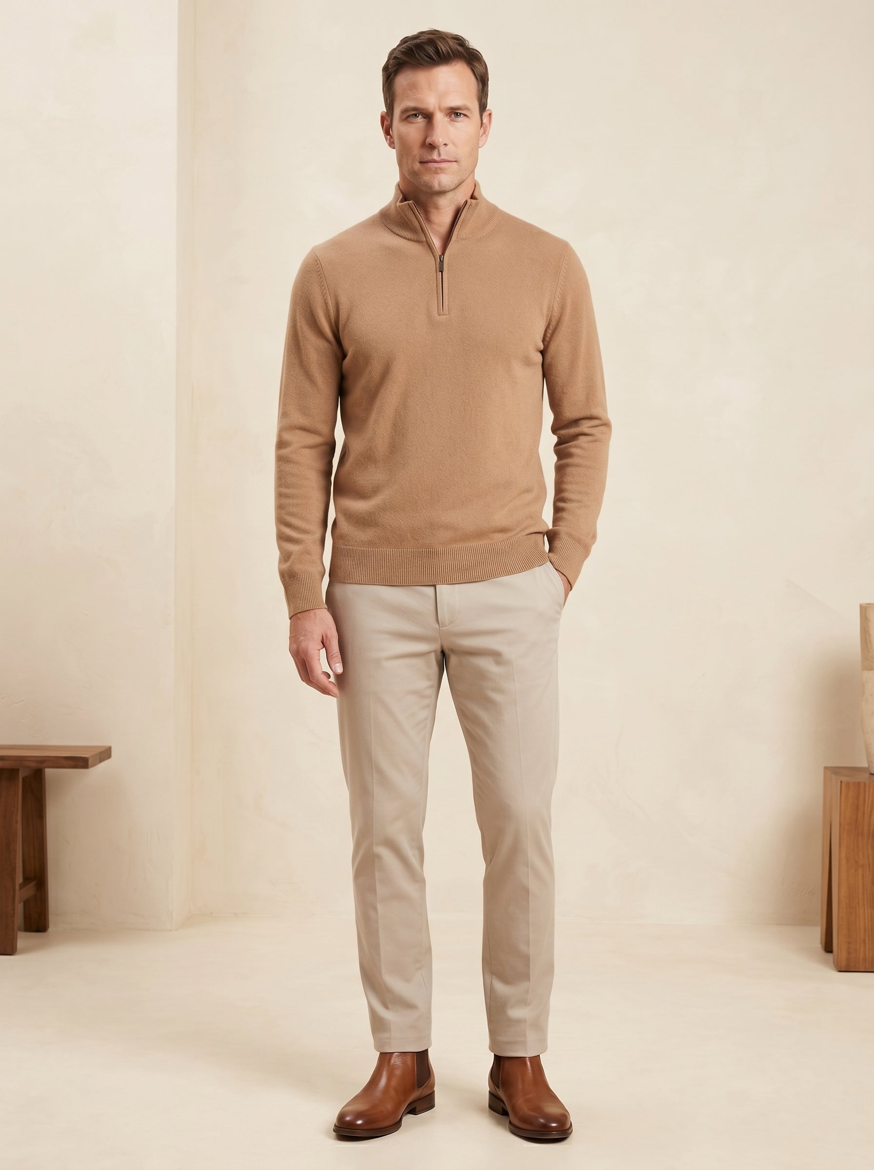 ZHILIFS | Men's Quarter Zip Mock Neck Pullover — Camel