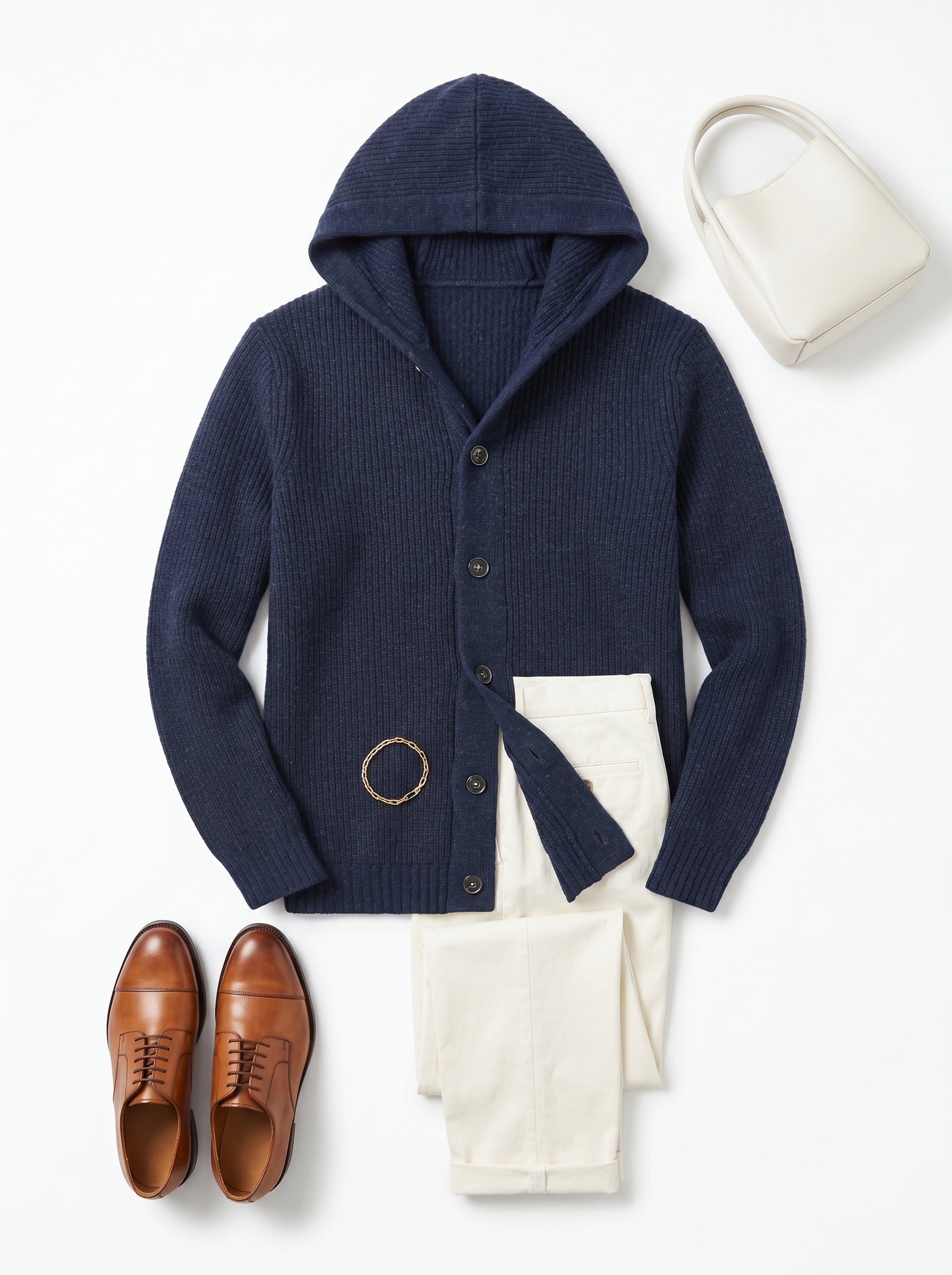 Men's Hooded Wool Cardigan with Front Button — Navy Blue