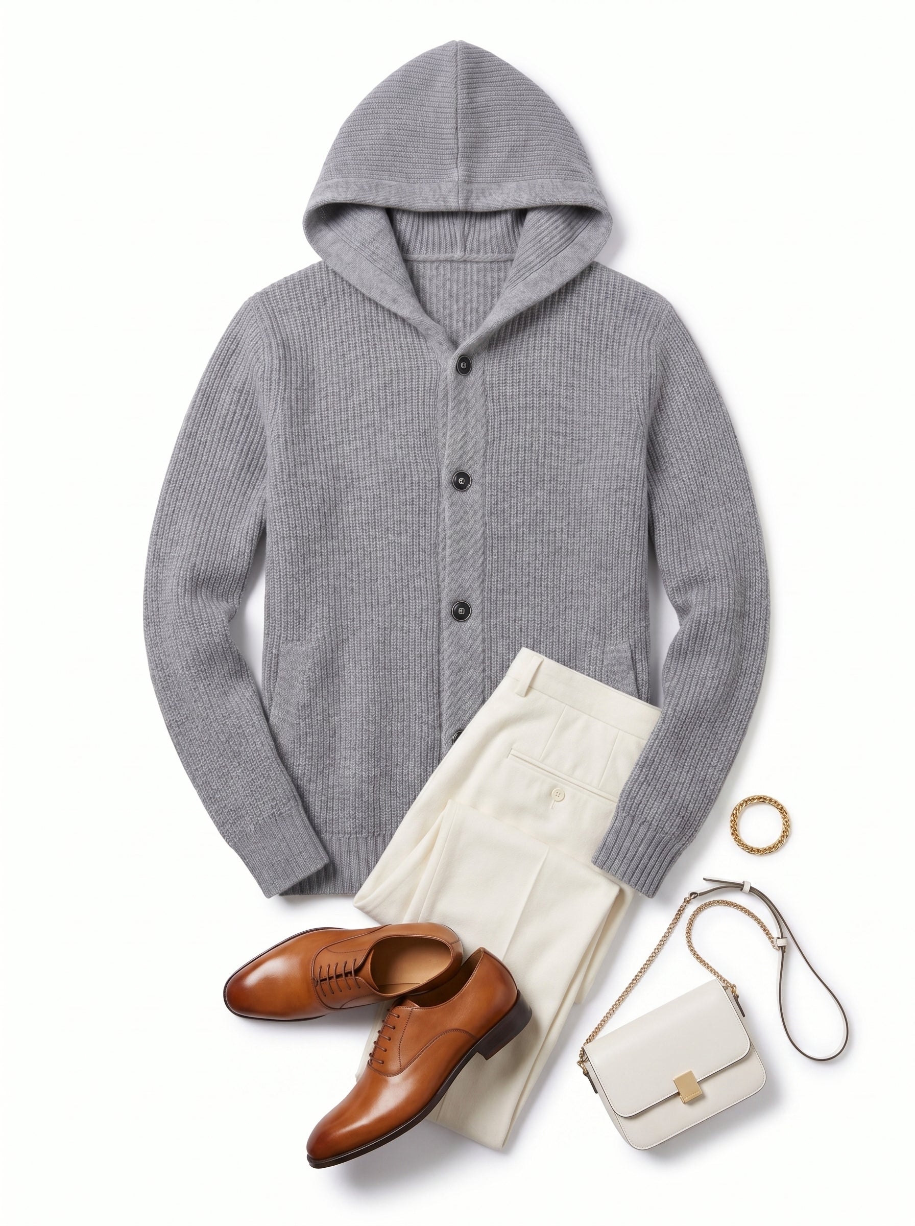 Men's Hooded Wool Cardigan with Front Button — Grey