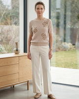 Women's Floral Openwork Knit Top - Beige - Model Full Body