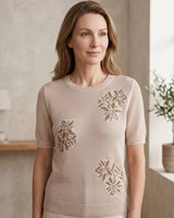 Women's Floral Openwork Knit Top - Beige - Model Half Body
