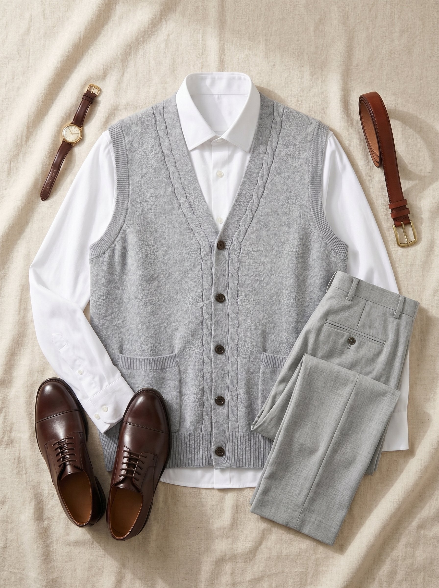 Cable Knit Button-Front Cashmere Vest — Gray