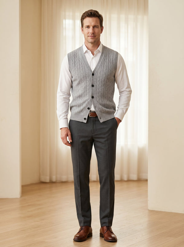 Cable Knit Button-Front Cashmere Vest