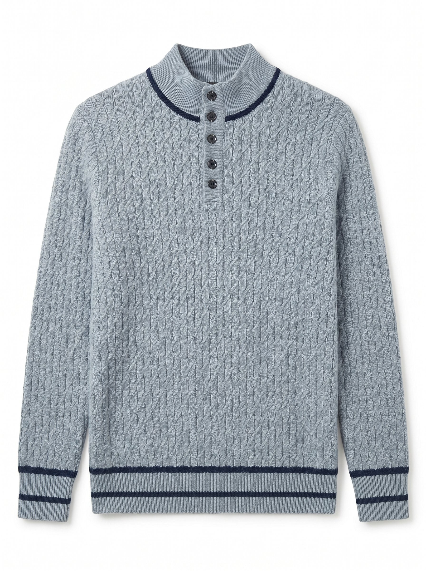 Henley Neck Cable Knit Cashmere Sweater — Gray Blue
