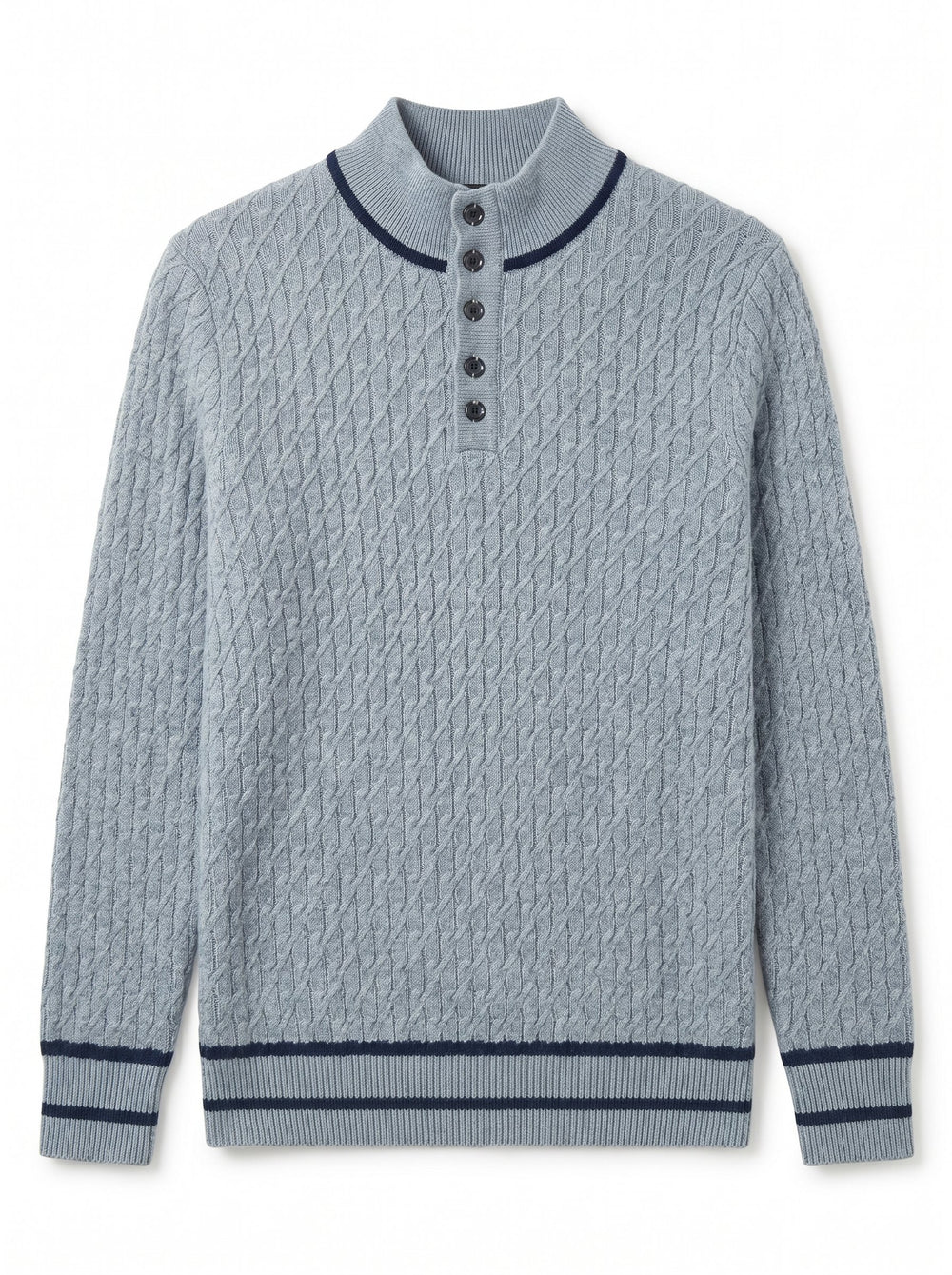 Henley Neck Cable Knit Cashmere Sweater — Gray Blue