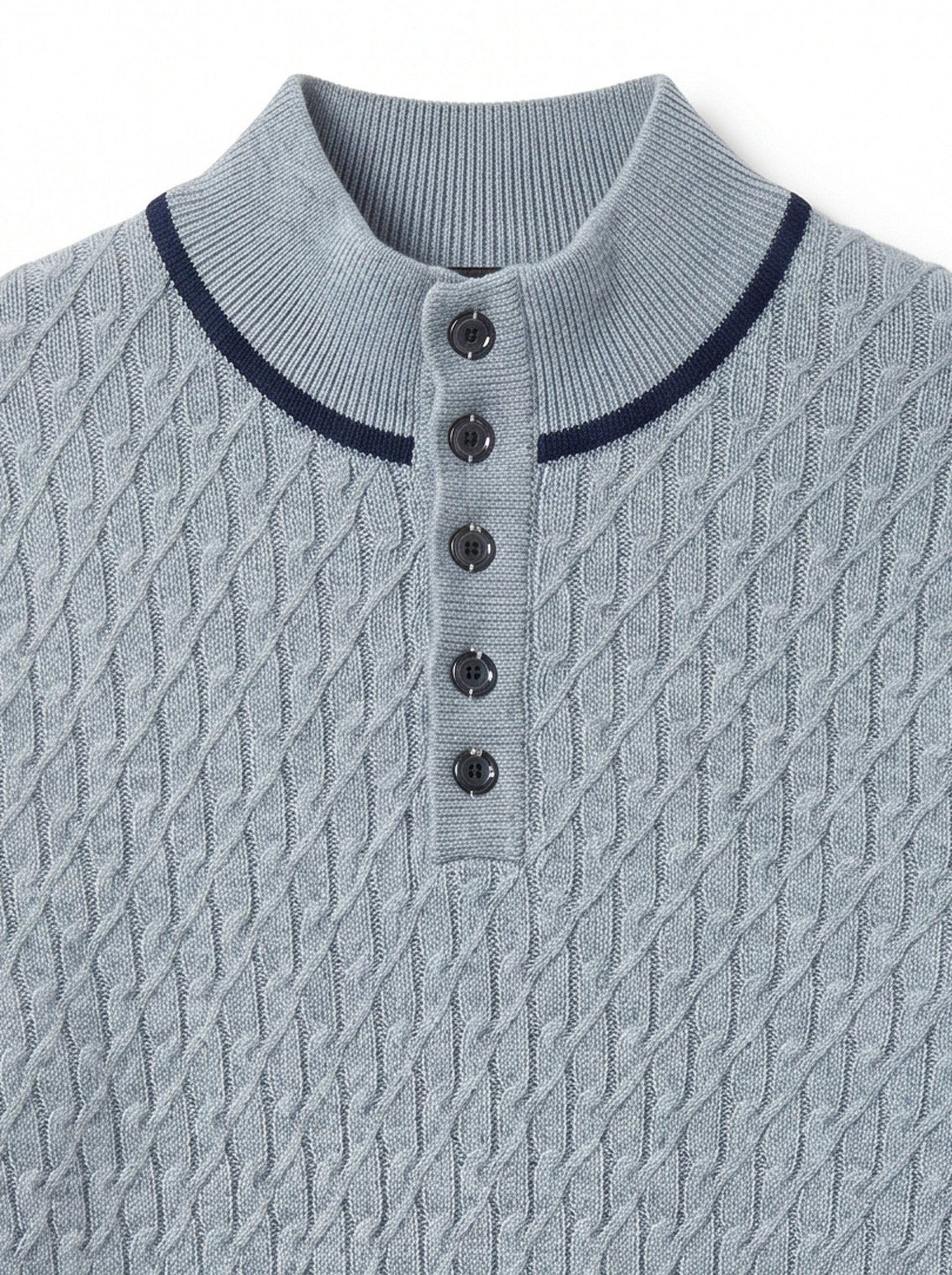 Henley Neck Cable Knit Cashmere Sweater — Gray Blue