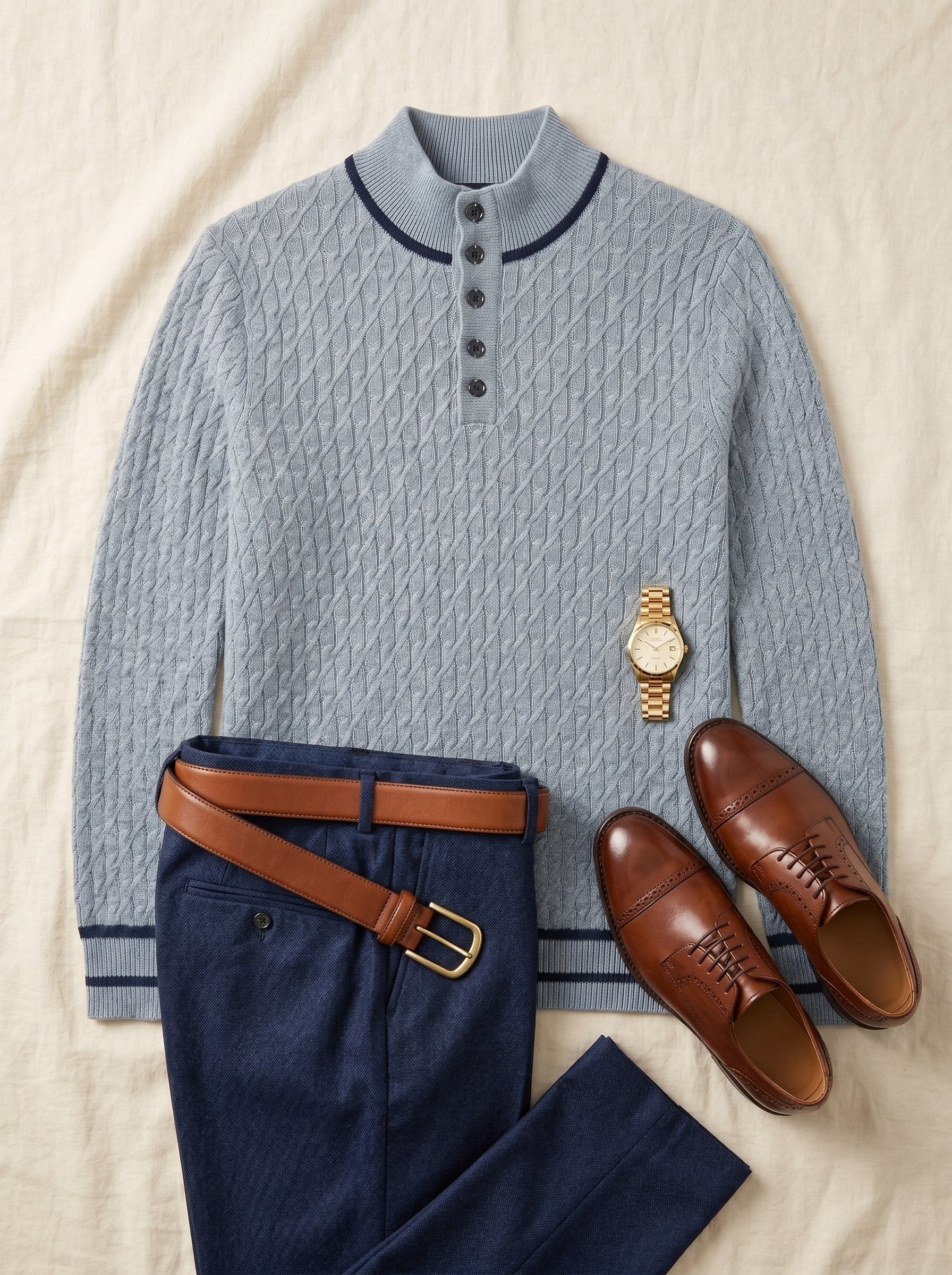Henley Neck Cable Knit Cashmere Sweater — Gray Blue