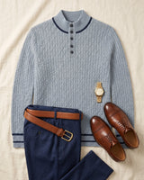 Henley Neck Cable Knit Sweater — Gray Blue