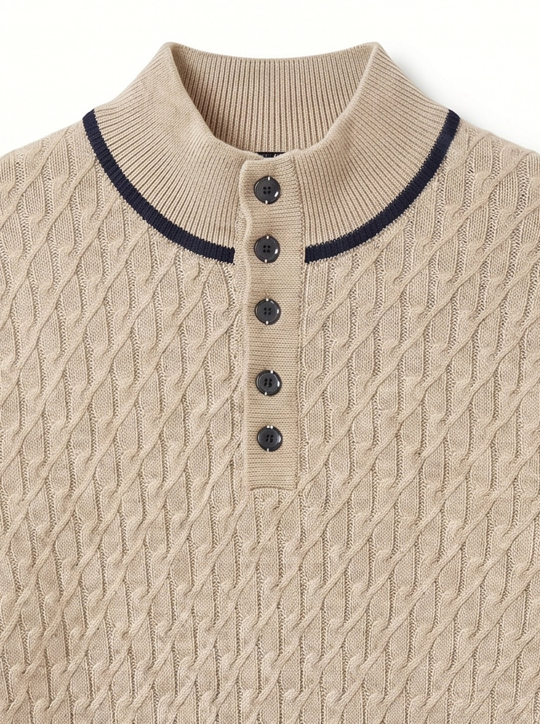 Henley Neck Cable Knit Cashmere Sweater — Khaki
