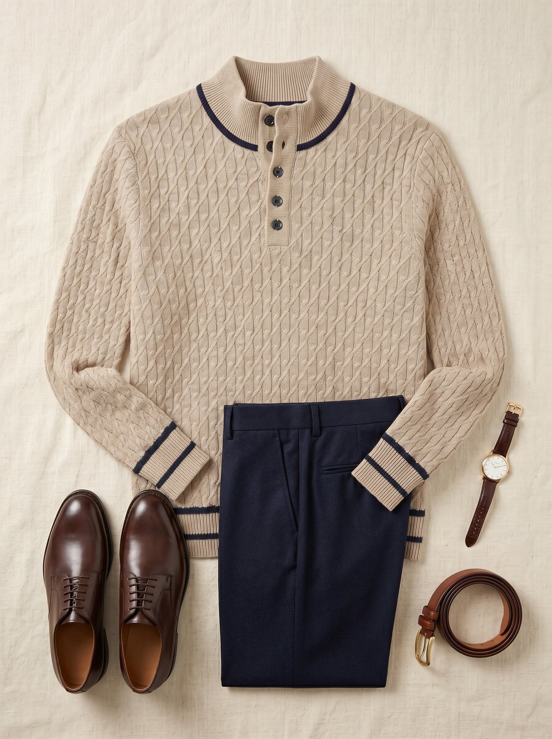 Henley Neck Cable Knit Cashmere Sweater — Khaki