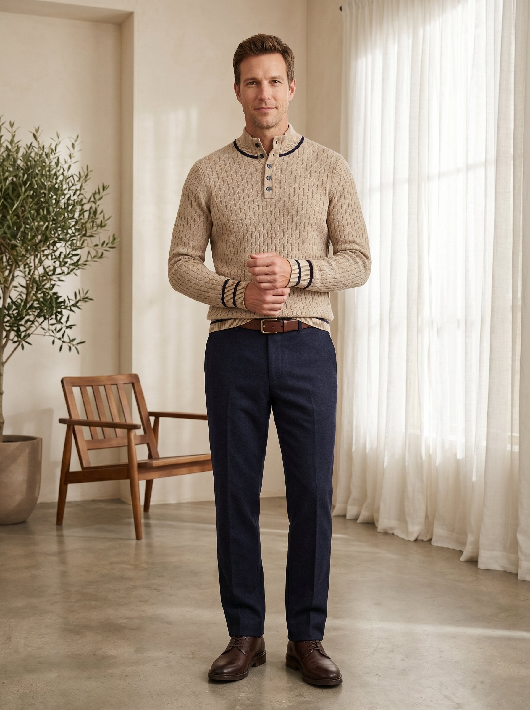 Henley Neck Cable Knit Cashmere Sweater — Khaki