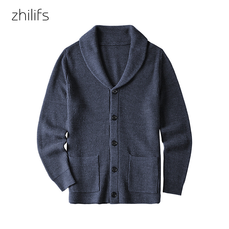 ZHILIFS Men's Shawl Collar Cardigan Sweater Slim Fit Cable Knit Button up Black wool Sweater