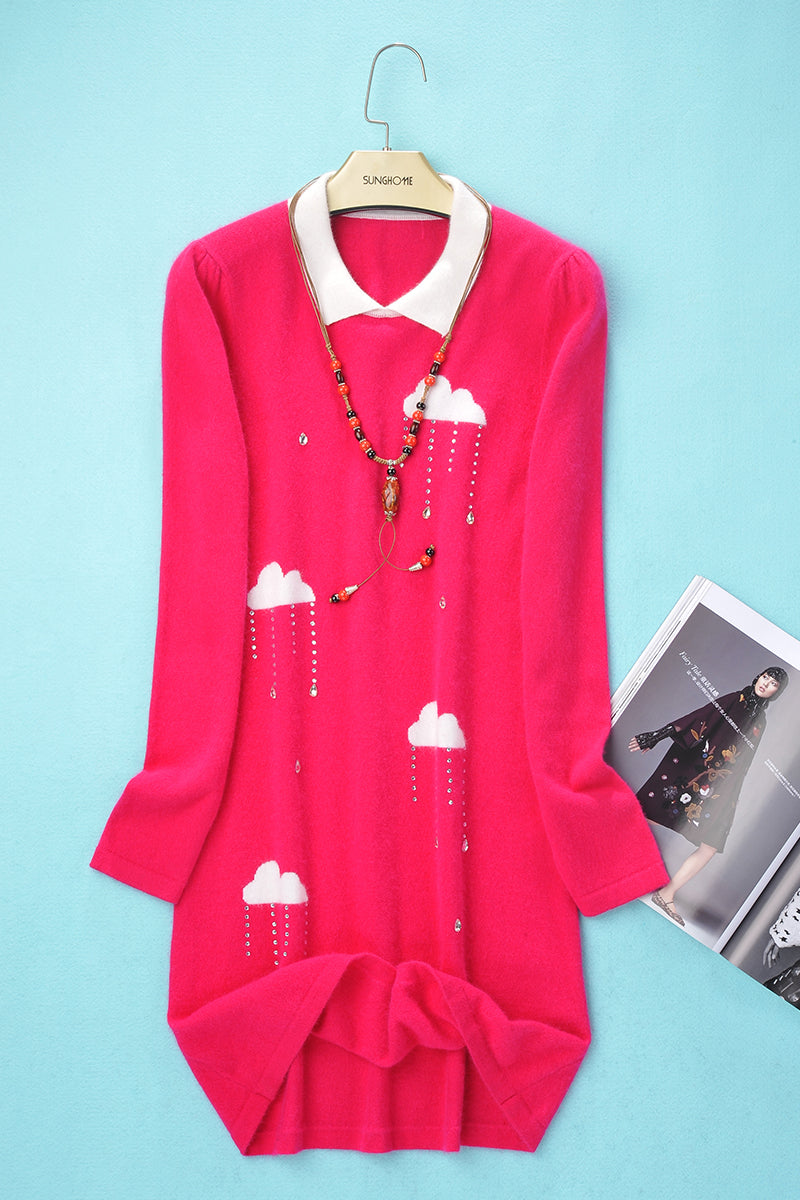 ZHILIFS lapel rose Red Knitted cashmere sweater Female Dress