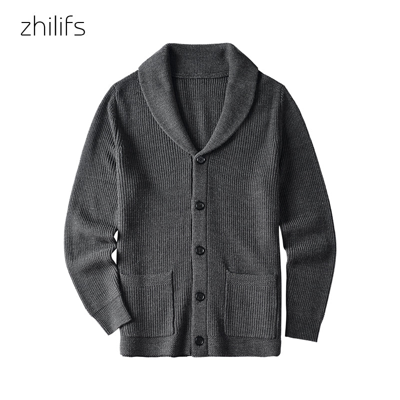 ZHILIFS Men's Shawl Collar Cardigan Sweater Slim Fit Cable Knit Button up Black wool Sweater