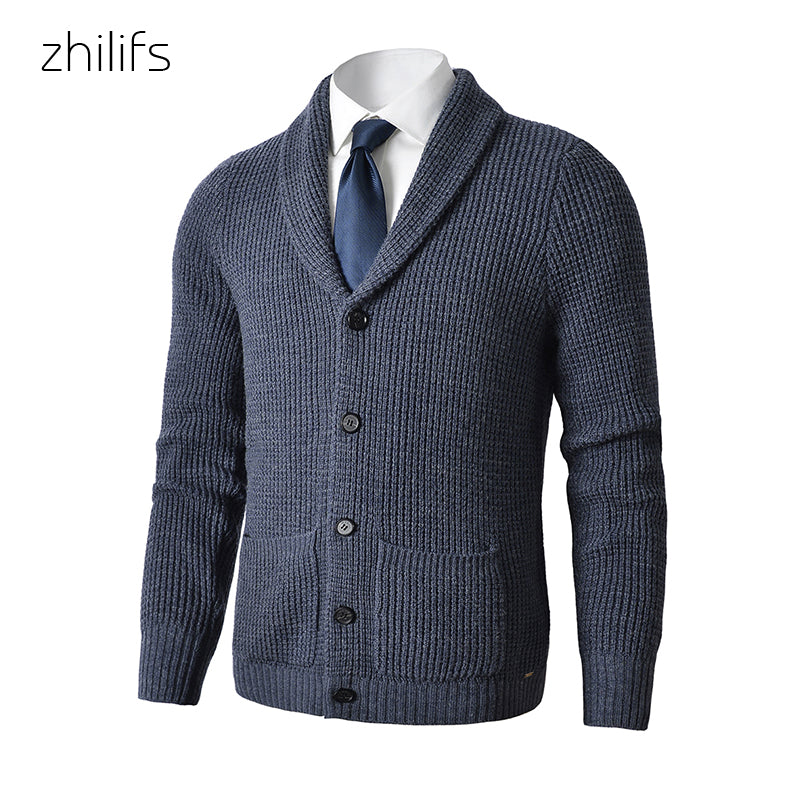 ZHILIFS Men's Casual Slim Thick Knitted Shawl Collar Cardigan Sweaters Pockets