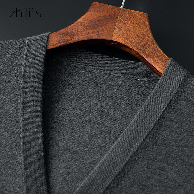 ZHILIFS Men's wool Cardigan V-neck Warm Solid Color Mens Cardigans Winter Basic Sweater Men ultra-thin wool cardigan