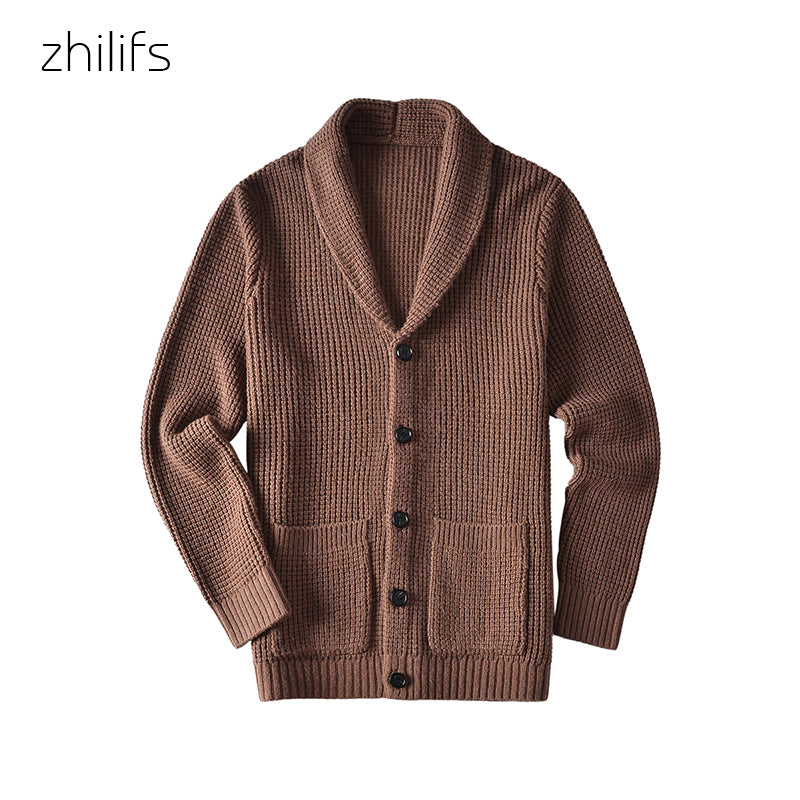 ZHILIFS Men's Casual Slim Thick Knitted Shawl Collar Cardigan Sweaters Pockets