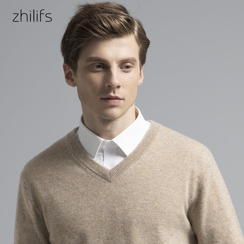 ZHILIFS Men's Cashmere Sweaters Soft Warm V-Neck Casual Pullovers Winter Long Sleeve Comfortable Basic Sweater Male Brand