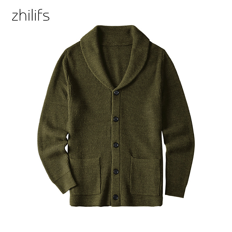 ZHILIFS Men's Shawl Collar Cardigan Sweater Slim Fit Cable Knit Button up Black wool Sweater