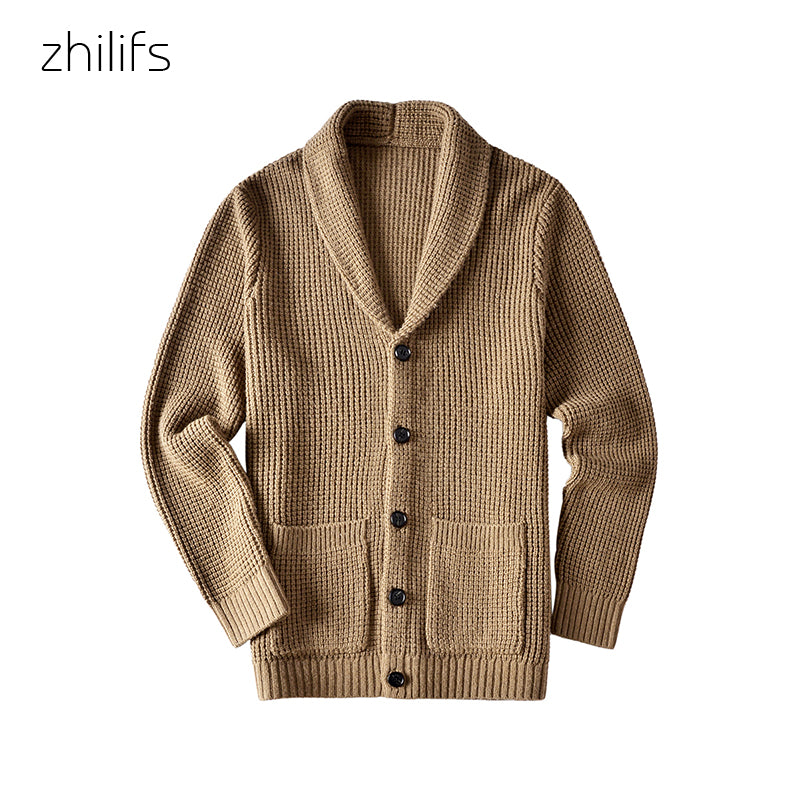 ZHILIFS Men's Casual Slim Thick Knitted Shawl Collar Cardigan Sweaters Pockets