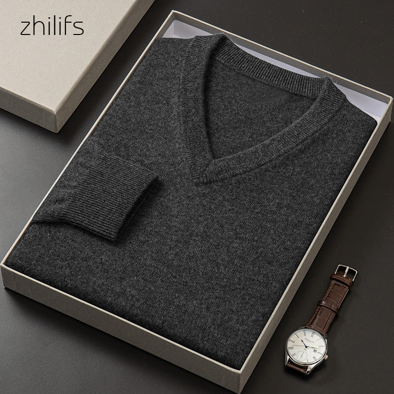 ZHILIFS Men's Cashmere Sweaters Soft Warm V-Neck Casual Pullovers Winter Long Sleeve Comfortable Basic Sweater Male Brand