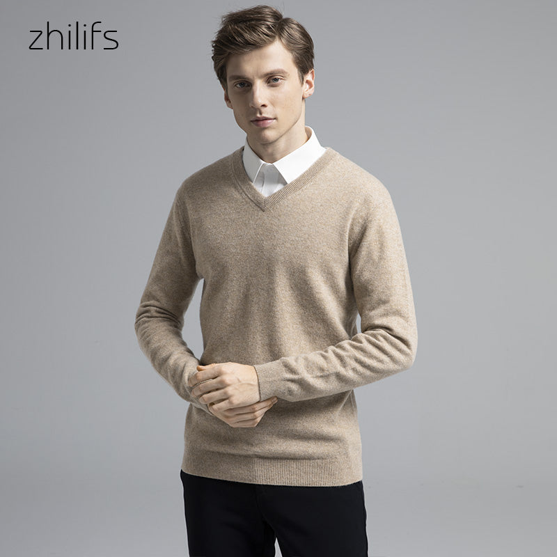 ZHILIFS Men's Cashmere Sweaters Soft Warm V-Neck Casual Pullovers Winter Long Sleeve Comfortable Basic Sweater Male Brand