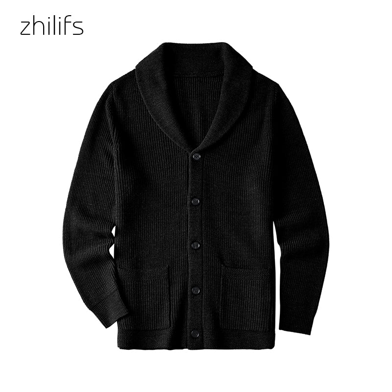 ZHILIFS Men's Shawl Collar Cardigan Sweater Slim Fit Cable Knit Button up Black wool Sweater