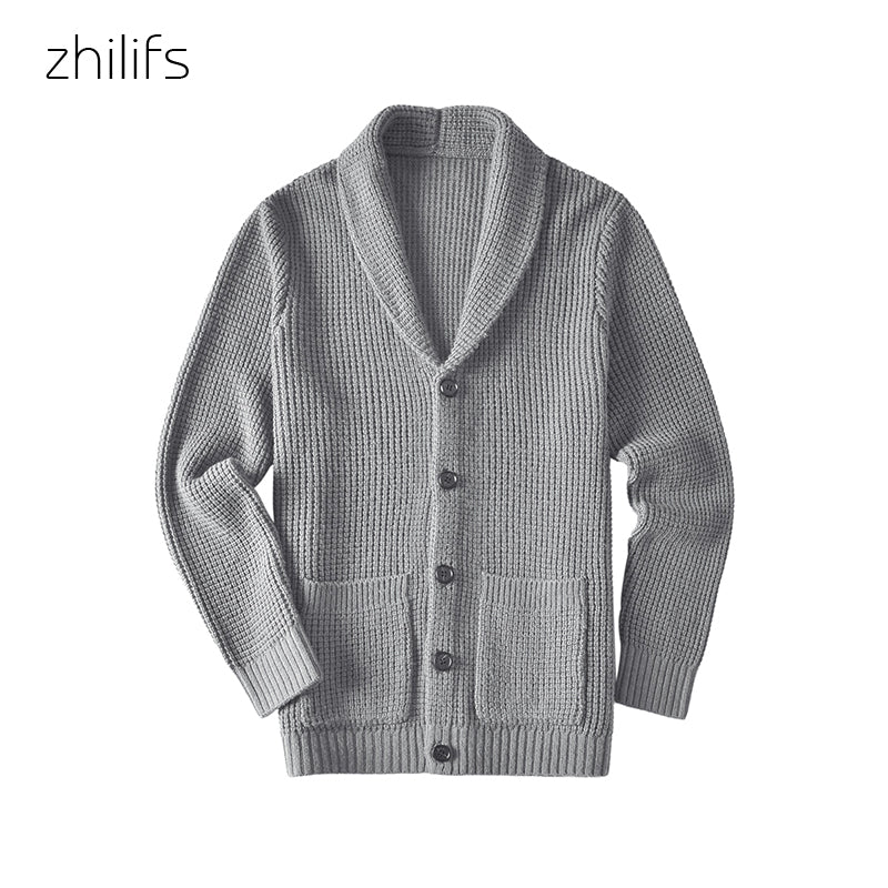 ZHILIFS Men's Casual Slim Thick Knitted Shawl Collar Cardigan Sweaters Pockets