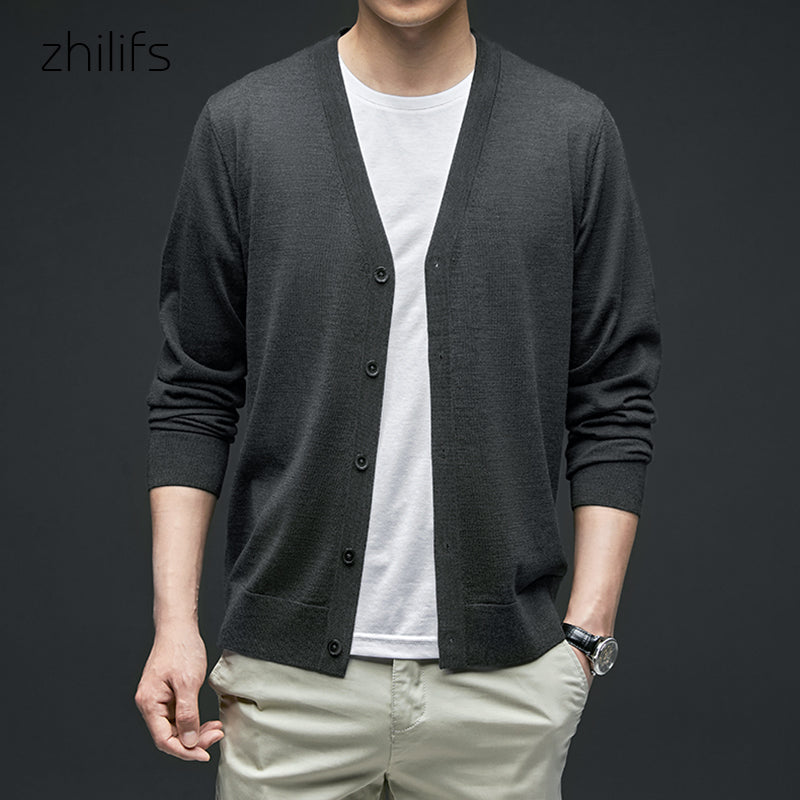 ZHILIFS Men's wool Cardigan V-neck Warm Solid Color Mens Cardigans Winter Basic Sweater Men ultra-thin wool cardigan